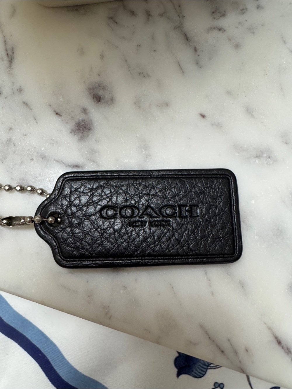 Coach Black Pebbled Leather Logo Tag Keychain with Silver Chain 2”
